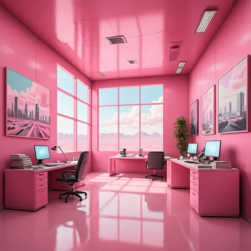 Prompt: pink office open space. hypermodernism,  a hyperrealistic painting.  futuristic, vintage Low angle view