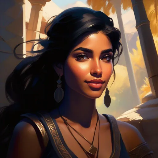 Prompt: Latina girl in Skyrim, cartoony, sunny atmosphere, extremely detailed painting by Greg Rutkowski and by Henry Justice Ford and by Steve Henderson