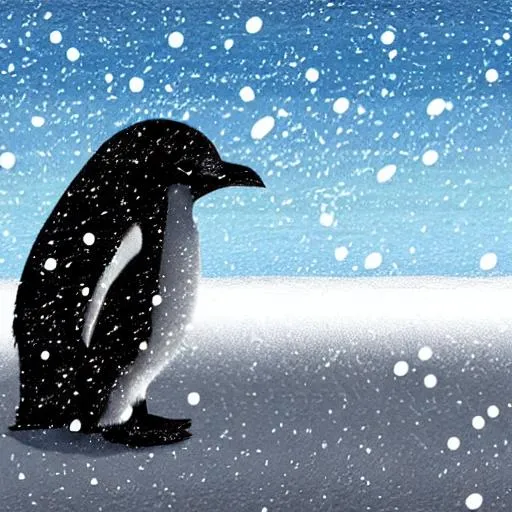 Prompt: draw a little baby penguin walking alone in the snow with the sea at background with anime style.
The penguin´s body is gray light with the head black, her eyes are white and the penguin feels sad

