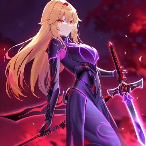 Prompt: blond-hair glowing-eyes female void-elf death-knight two-handed sword in ground red black and gold armor