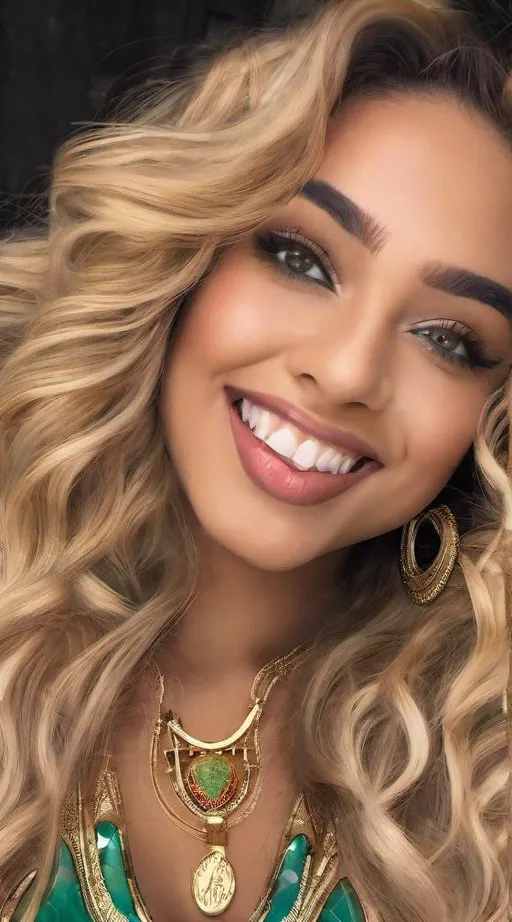 Prompt: Create a mixed race (Canadian/egyptian), detailed face, lightskinned goddess, long curly golden hair, full eyebrows, beautiful smile, red eye shadow, green eyes, diamond earrings, gold necklaces, 26 years old, curvy body, high resolution, 100k, UHD, photoshoot quality
