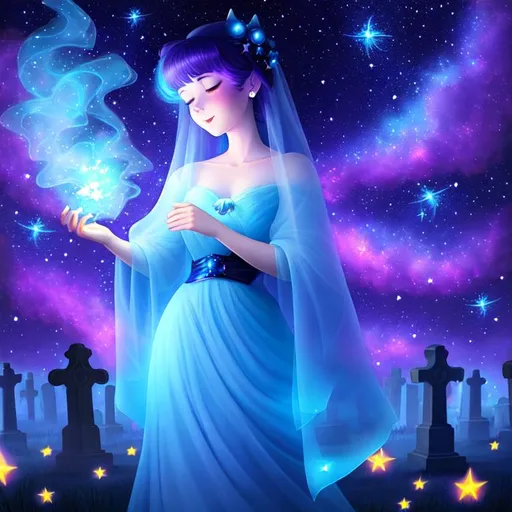 Prompt: Cute Pixar style painting of a translucent blue purple ghost woman in a graveyard at midnight,  floating, nebula,  stars, fireflies