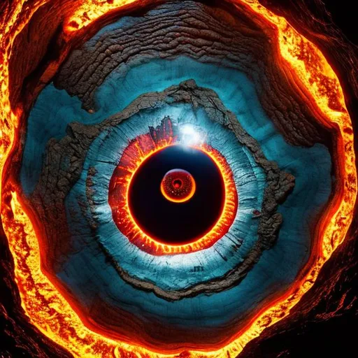 Prompt: giant elemental eye in the center of a lava lake inside a cavern
