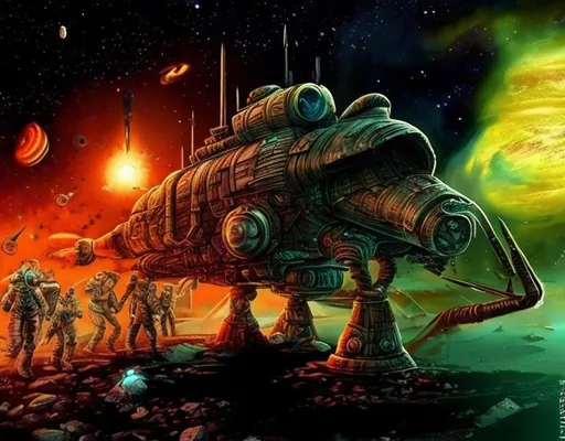 Prompt: ancient space ship wreck  blast pew pew chaos crazy war ice planet jack black astronaut 