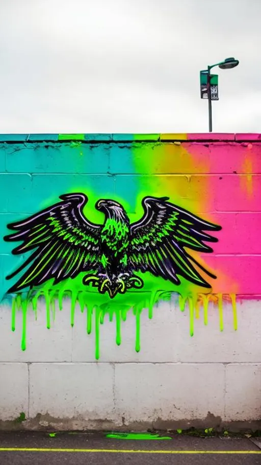 Prompt: cool graffiti with a neon green eagle with green flames and dripping ink with a neon pink background with neon green stripes on a brick wall with image in the middle