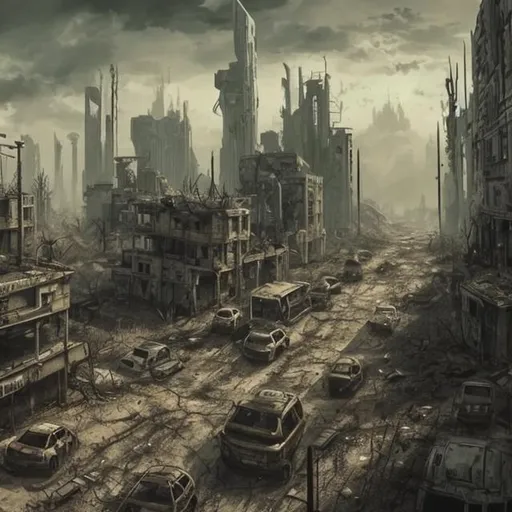 Prompt: A post apocalyptic city
