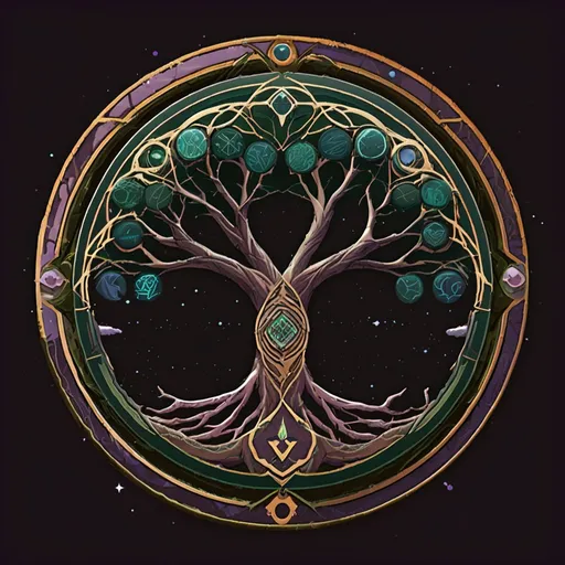 Prompt: Logo Shape: Circular
Central Element:
A stylized representation of the World Tree, with its roots and branches interwoven to form a circular pattern.
Radiant lines extending from the central tree, symbolizing echoes across ages and the game's cosmic themes.
Color Palette:
Earthy tones for the tree (browns and greens) to represent the natural world.
Celestial blues and purples for the radiant lines, indicating the cosmic and otherworldly elements.
Font Style:
Bold and slightly futuristic font for the game title ("Echoes Across Ages").
Subtle incorporation of symbols or patterns related to corruption to add intrigue.
