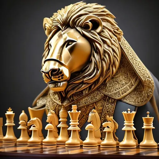 Prompt: Chess with lion as the king lioness as queen horse as knight elephant as bishop and camel as rook and cat as pawn ultra realistic art