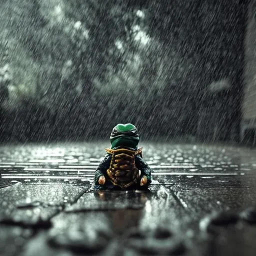 Prompt: Lone Ninja turtle in the rain