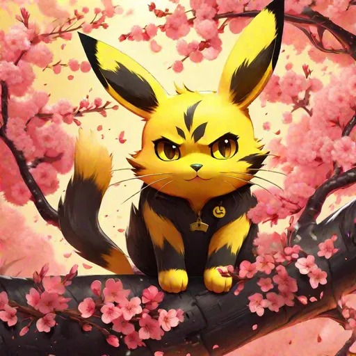 Prompt: Le Chat Noir style, pikachu, yellow colors, big emotional eyes, cherry blossom background, highly detailed, concept art, best quality, masterpiece 