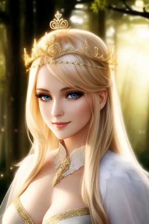 Prompt: cinematic shot of gorgeous blonde lady(divine look, beautiful eyes, detailed face, smiling) as angel, wearing mesh clothes with laces, soft light on face, beautiful eyes, wearing a crown,  in forest, hair with swirls, eye contact, realistic