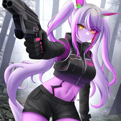 Prompt: Haley  as a demon (multi-color hair) (multi-color eyes)(she has horse ears), holding a pistol, in a gunfight, bullets flying, in the woods