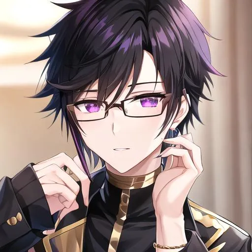 Prompt: Male (short spiky black hair with long white fringes) (Purple eyes) (gold framed eyeglasses with a gold color), UHD, 8K