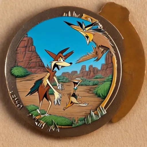 Prompt: Wile E. Coyote and Roadrunner, coin, surprise me