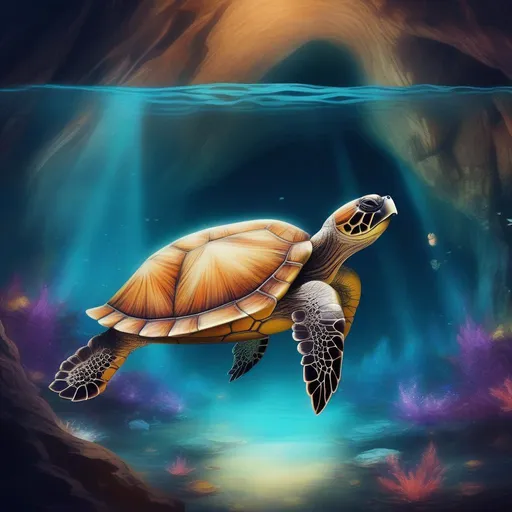Prompt: Turtle swimming  in mystical cave with water
