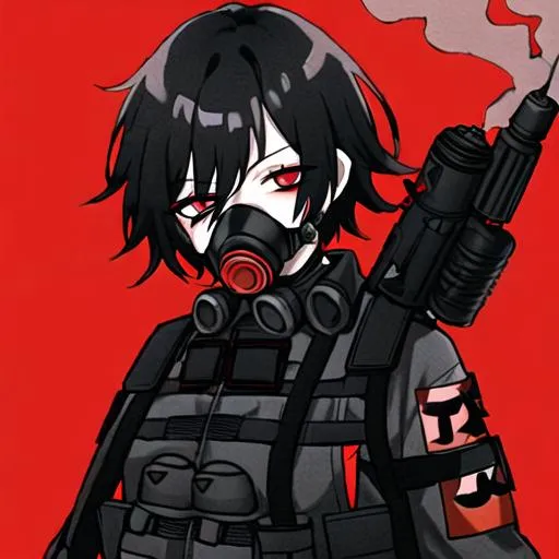 Prompt: Pyro (black hair) (red eyes) wearing revealing clothing, and a tactical gas mask