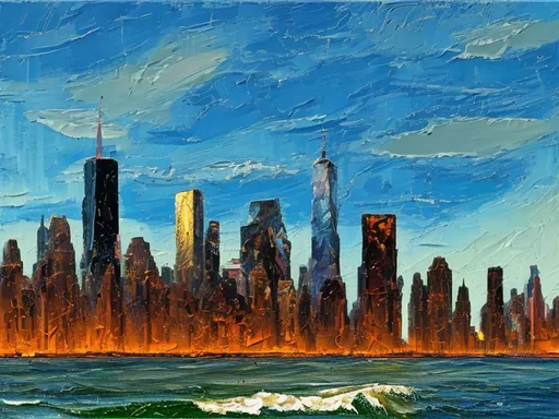 Prompt: Thick oil impasto York Skyline from 42nd Street Pier, thick oil impasto