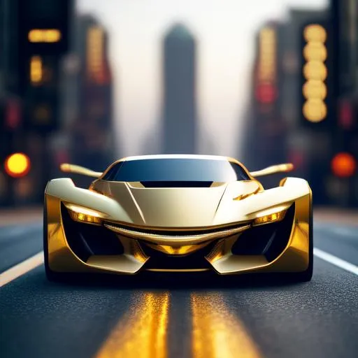 Prompt: An car made of gold metal, textures, sharp focus, shine, on a road, futuristic city,