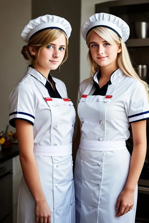 Prompt: Two Danish Girl 17yo, Chef uniform, blonde hair