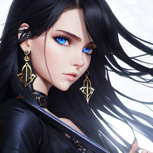 Prompt: An insanely beautiful girl around 16 years old. wearing black skull earrings. holding a sharp dagger in one hand. perfect anatomy, symmetrically perfect face. beautiful deep blue eyes. beautiful long black wavy hair. no extra limbs or hands or fingers or legs or arms. full body view.
