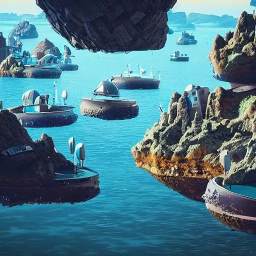 Prompt: Floating future city with fishing village Vibes on a brink of a cliff site with floating rocks. With floating space ships. Realistic, futuristic.