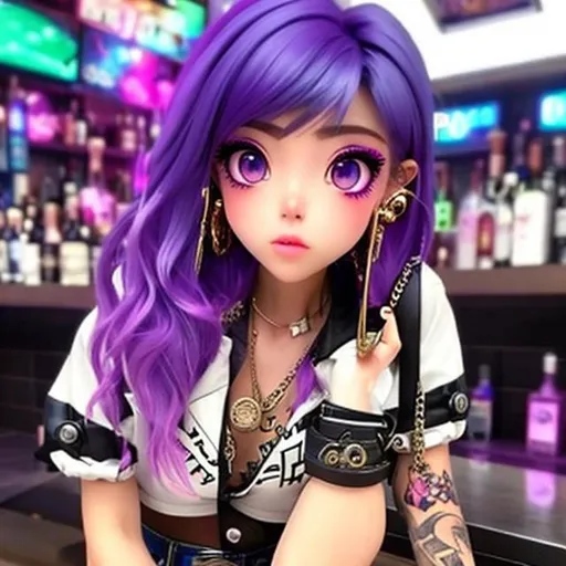 Prompt: A cute anime girl sitting at a bar, shes wearing a steampunk crop top and ripped denim shorts she had a shot of gin in her hands. she has bubblegum purple hair and a tattoo on  her shoulder and chest