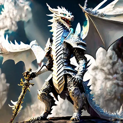 Prompt: A charismatic white dragon born humanoid divinity knight like creature in action and illuminating the crowd with divine light, vincent van gogh style, fw murano style, full body scales armour, vibrant colour blast, incredibly detailed, morbid, dark, key , atmospheric, highly realistic, ultra wide epic shot --ar 3:4 --s 750