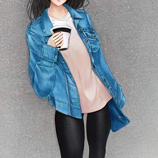 Prompt: girl holding a cup of coffe wearing a denim jacket and leggings