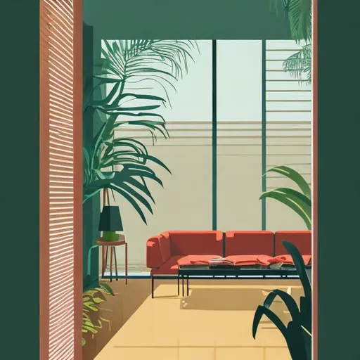 Prompt: You're inside a dark, concrete room and it is the golden hour. There is a large window that has horizontal blinds going from top to bottom. Outside you can see a shade awning and palm trees. There is a smokey, haze in the air from burning incense. Jazz is playing through the speakers. It is a dark, cozy setting. Illustration. Art. Modern architecture. Hazy room.