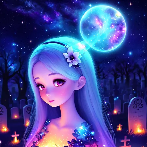 Prompt: Cute Pixar style painting, an adorable spirit woman, graveyard, midnight, translucent skin,  floating, nebula, galaxy, stars, fireflies, glowing eyes, glowing, Graves, cemetery, soft light, 4k, beautiful , gravestones, crypt, dead trees, hill