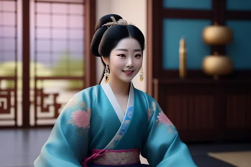 Prompt: Realistic art of a beautiful Joseon Era queen sitting in front of an open screen room door with a beautiful mountain and river outside, (jjeokjin meori), cyan dangui, Korea, joseon queen attire, black hair, peaceful smiling expression, (joseon), (joseon queen), (cyan dangui), (Kim so yong), (Mr queen)