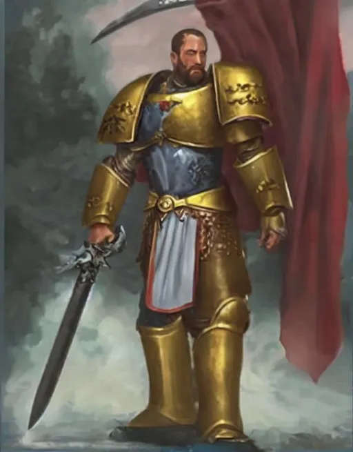 Prompt: {person} Sigismund, Space marine champion armor, holding great sword, movie poster, retro comic style artwork,