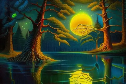 Prompt: The lake through the trees in the moonlight. Oil on canvas, Van Gogh, Michael Whelan, Renoir, Micheal Cheval, light reflections, LSD, Acid influence, RHADS, Trending on Artstation, Bright Vivid Colors, Polished, Masterful Surrealism, Photorealistic, Cel-shaded, digital illustration, unreal engine, 64k, high definition, light, depth of scale, atmospheric, luminous, iridescent, glowing, octane render, psychedelic art, pastel, very thick paint, brush strokes, Nikon D850 elegant oil on canvas very attractive beautiful dynamic lighting award winning fantastic view hyperrealistic 4K 3D high definition crisp quality Unreal Engine colourful hdr Van Gogh surreal Alex Alemany