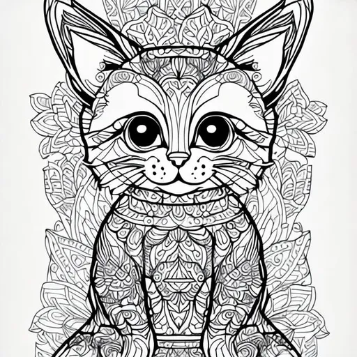 Prompt: Coloring page for adults mandala kitten image white background clean line art fine line art hd ar 2:3 centered full shot