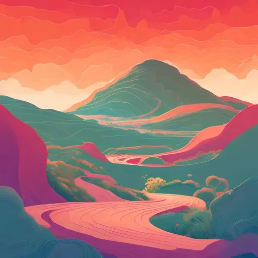 Prompt: illlustration in poly and/or minimalistic style of landscape with a meandering trail into the vanishing point, depicting a sense of adventure, exploration, using some or all of these hex colors: 0484ff, 473837, eba70, ffe5b1, fff7f6
