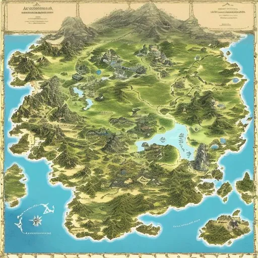 Prompt: Map of a fantasy kingdom that is part of a continent. The kingdom overlooks the sea only from the left side. mountainous and verdant hinterland. Good presence of rivers and lakes. It borders 2 other kingdoms. neighboring kingdoms must remain empty and without details. Presence of at least 9 black dots scattered around the map. no writing inside the map
