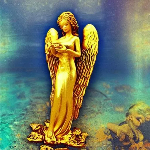 Prompt: Angel with gold wings under the sea