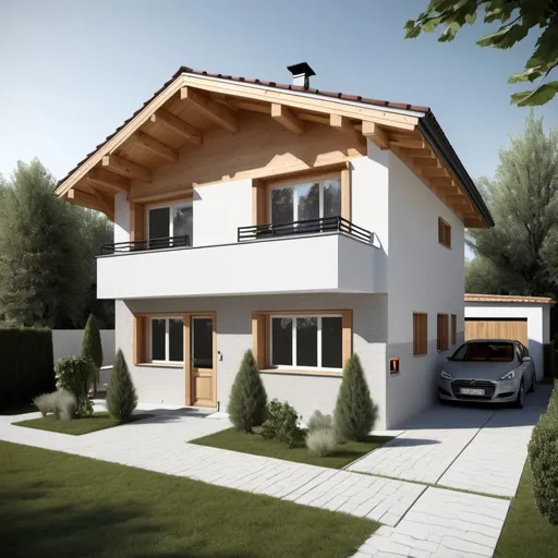 Prompt: Casa chalet prompt dalle 3

A 150 sq Mts surface for a 2-stories house that occupies 80 sq mts and has garden in the front of the facade and a backyard. In the facade there's one roofed garage for two cars that can be kept inside and with no wall at the back as it leads to the garden. Also, the front door has a path leading to it from the pavement. On the ground floor there's is only one stairs to the first floor. Also, there is one bathroom with shower and the main room of this floor is divided into 3 sections but it is open plan: a kitchen area with all appliances and an island table with stalls, a dining area with a table in the middle of this room and at the end a relaxing area with TV and sofa. On the second floor, there is no other stairs but the one connecting with the first floor. On this floor there is a bedroom for a couple with a bathroom ensuite that has shower (no tub) and a wardrobe/dressing area for 2 people and another room in this floor for an office that is at most 15sq mt. The office room must have good views to the garden and to the front of the house and lead to an outdoors area that can be whenever I want covered with a "roof" and the roof of the garage is that area and has an area to sit. Everything should be modern and minimalist and I don't want wood to be used in this design nor furniture.
For this prompt generate images for the interior design of the office in the first floor