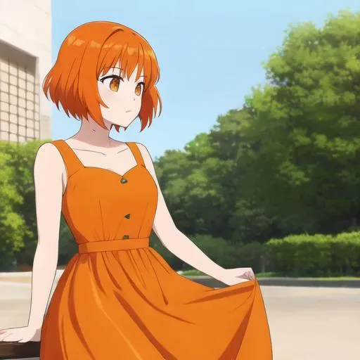 Prompt: girl with orange short hairs orange hairs  buetiful orange dress