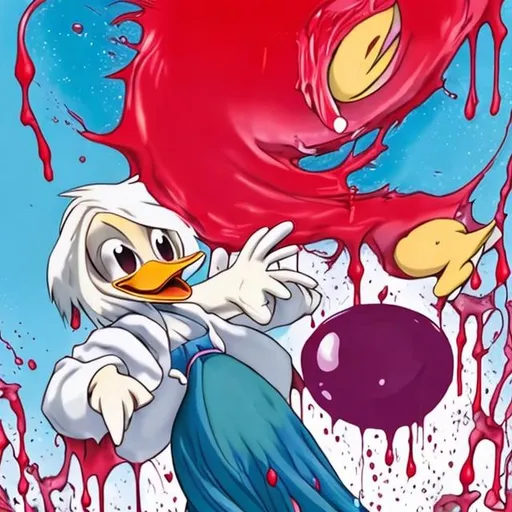 Prompt: anime female character who is holding donald duck's blood dripping tail after brutally chopping it off with a knife