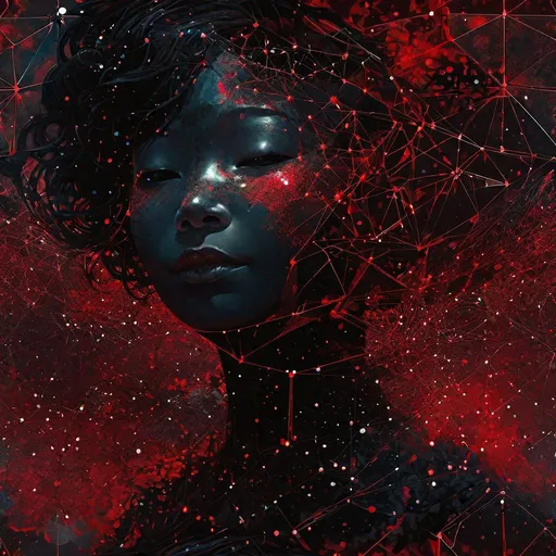 Prompt: "Black and red : a smiling happy little ghost : shiny aura : highly detailed : nacreous filigree : intricate motifs : organic tracery : by Android jones : Januz Miralles : Hikari Shimoda : constellations map by W. Zelmer : perfect composition : digital painting : artstation : smooth : sharp focus : sparkling particles"