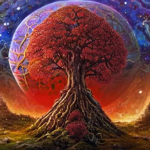 Prompt:  The background showing the massive, gnarly, beautiful, life-giving World Tree with a vibrant glowing gold and red aura on it with a large, very complex and decaying castle the foreground. The sky has a greenish tint to it and the overall picture and area is zoomed out over a large land, a small knight mourning in the foreground and the tone is gothic  fantasy