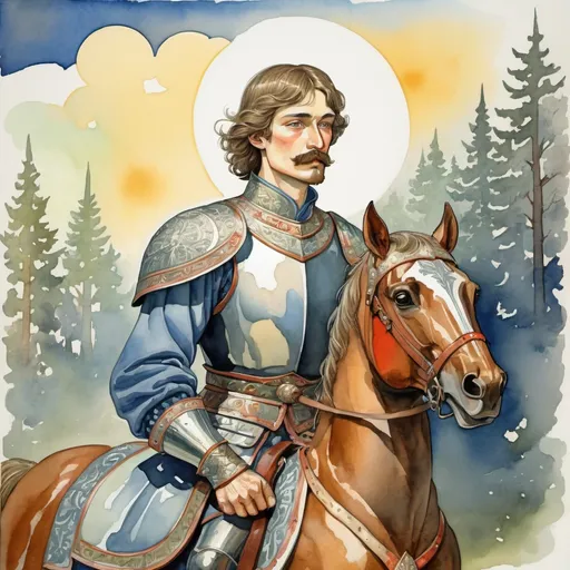 Prompt: illustration for the work Ruslan and Lyudmila, a courageous Russian hero on a good horse, watercolor, Bilibin style, a fair-haired young man with a small beard and mustache, dressed in Dobrynya’s armor, high quality, dazzling reflected light, incredible art, focus,