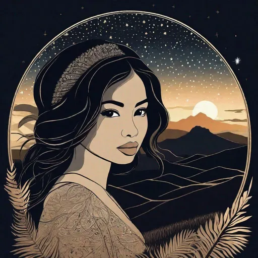 Prompt: silhouette, light particles, pretty young Indonesian girl (25 year old, round face, high cheekbones, small delicate nose, long black hair), wearing long blouse, in shadow, background night sky with stars, rural tropical scene, mountains, masterpiece, intricate details