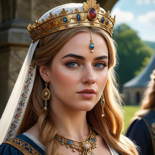 Prompt: high res, ultra realistic illustration  emphasis on (clear detailed face and eyes)  of 25-year-old beautiful queen from 840 AD Saxon Normandy era dressed in historically accurate period clothing and accessories, that convey a sense of realism  Hyperrealistic, concept art, mid shot, intricately detailed, color depth, dramatic, full body angle, side light,