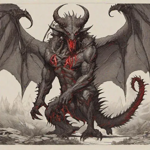 Prompt: Diablo is revealed to have a mouth full of sharp teeth, blood red eyes, claws and a long thorny tail. Diablo is a gigantic demon over five meters tall, he had a large sharp tail, four sharp claws, hellish red eyes and several horns above his head.