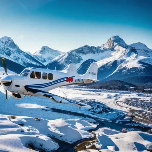Prompt: low flying small plane,  UHD, HDR, 8K, RPG, UHD render, HDR render, 3D render cinema 4D, cinematic light, high res intricately detailed complex background ice capped mountains scenery