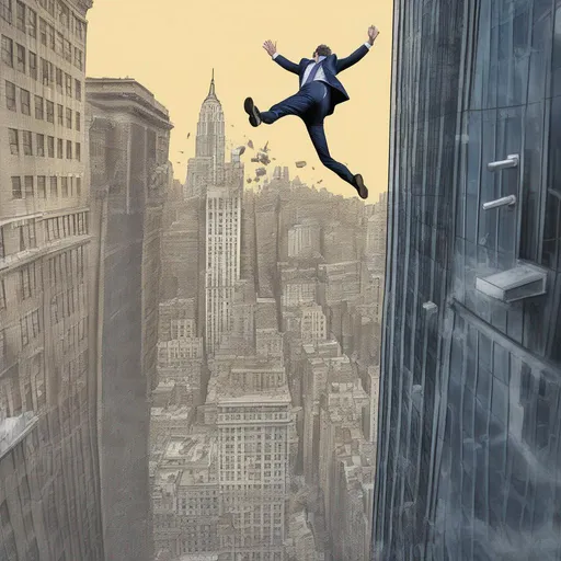 Prompt: Trader jumping from a Wall-Street skyscraper after loosing everything.