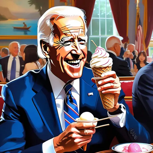 Prompt: Joe Biden eating ice cream, anime style, extremely detailed painting by Greg Rutkowski and by Henry Justice Ford and by Steve Henderson 