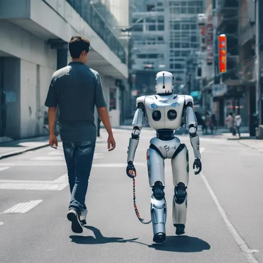 Prompt: Man walking with Robot.